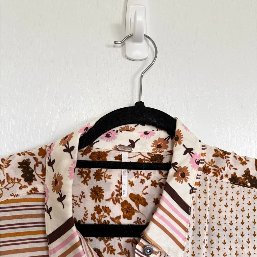 Free People Mixed Floral and Stripe Button-Down Shirt in Cream and Brown - Picture 6 of 8